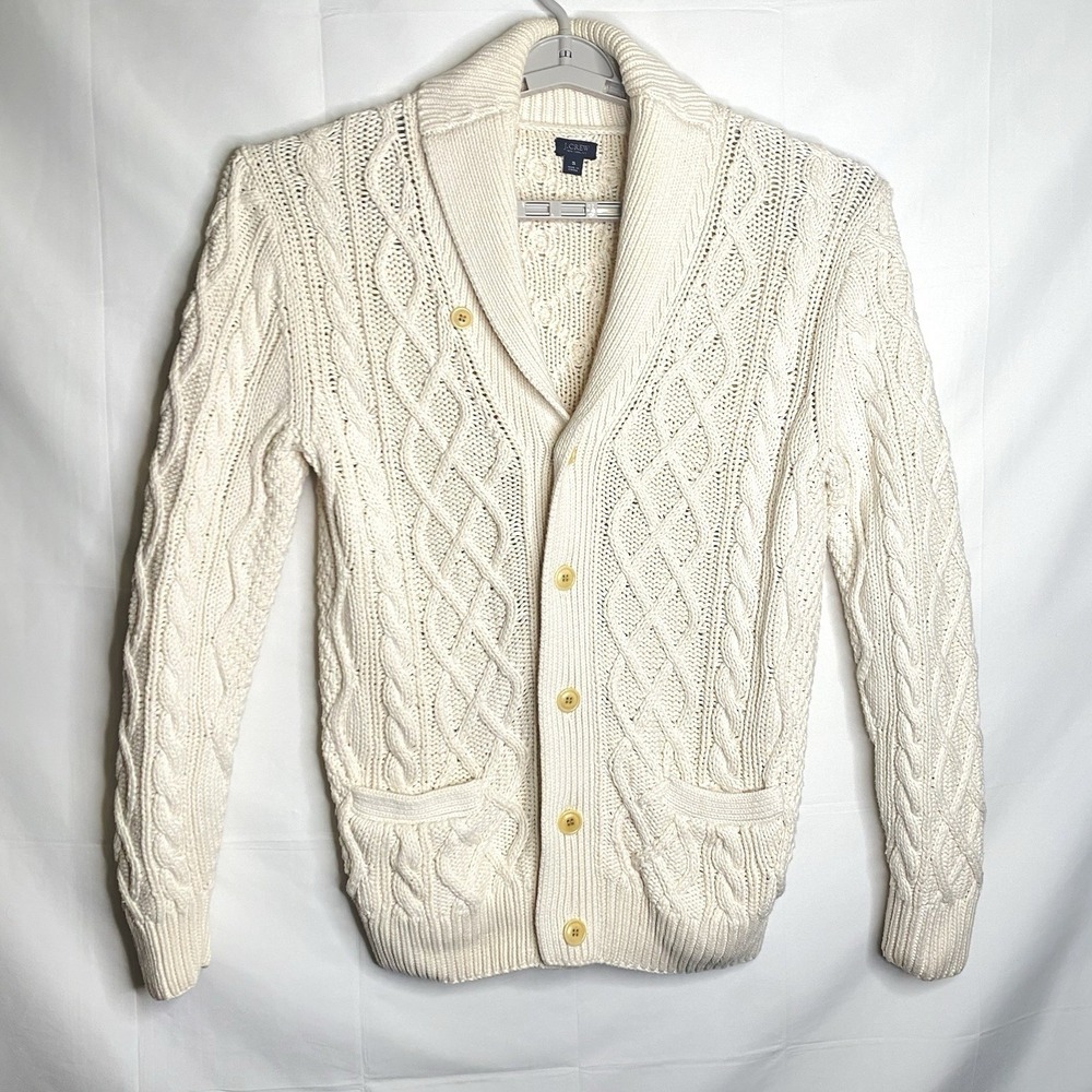J.Crew Mens‎ Shawl Collar Cable Knit Cardigan Sweater Cream White 31312 Small